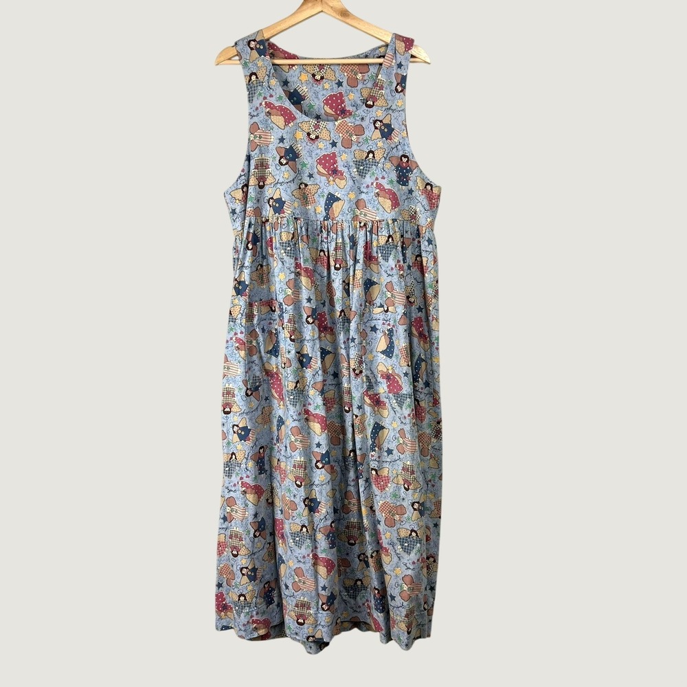Vtg Handmade Novelty Print Jumper Dress L Midi Cottagecore Country Teacher Folk